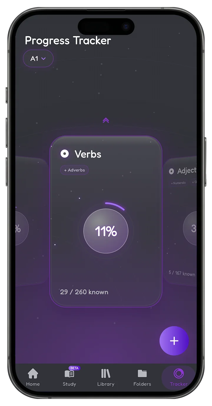 BunnyNote Progress Tracker showing a Verbs category at 11 percent, 29 of 260 words known