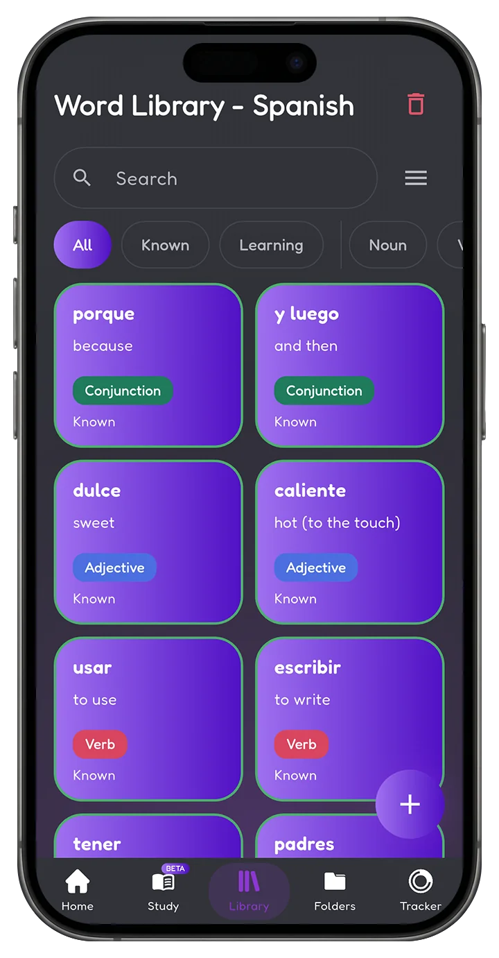The Word Library in grid view, Spanish words laid out two to a row
