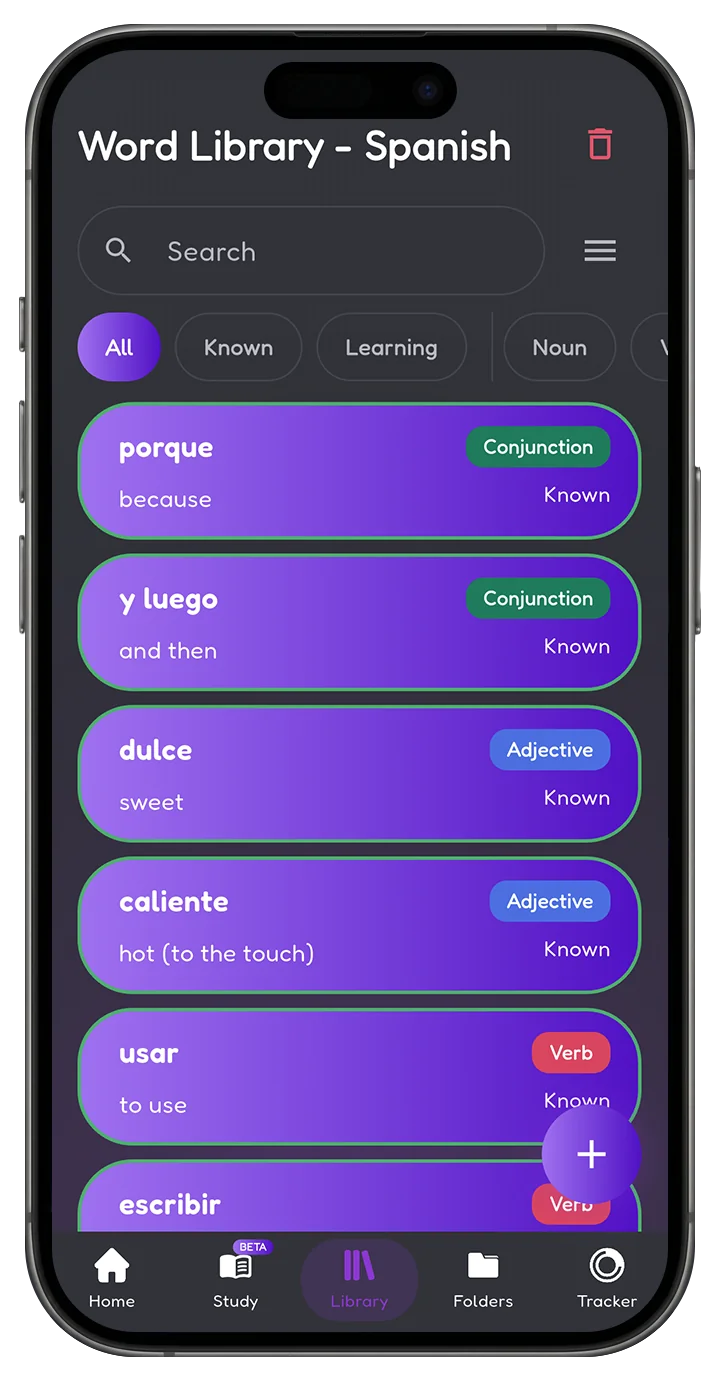 The same Word Library in list view, one Spanish word to a row