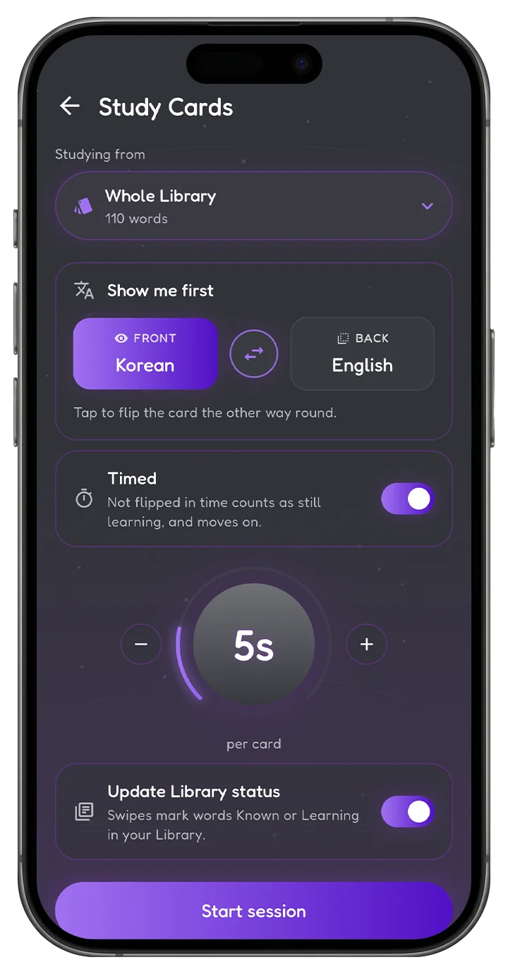 The Study Cards console: source, card direction, a five second timer, and a library toggle